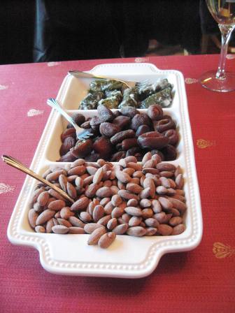 Almonds, stuffed apricots and stuffed grape leaves were among the appetizers. 