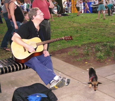 busker-and-dog An assortment of buskers were out. Here is David Burns and his dog, Buddy.
