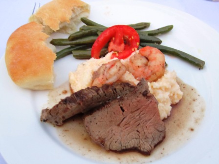 The meal was catered by Nancy Kendrick's Creative Catering. Shrimp and filet on a bed of polenta (also known as grits, when served in the morning!).