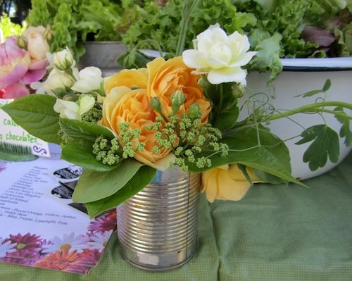 Isn't this the cutest idea? The flowers, just $4 per arrangement, are in vegetable cans.