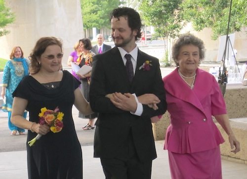 groom-with-his-mom-and-grandmother The groom escorts his mother, Deborah Scoton, and grandmother, Caroline Dempsey.