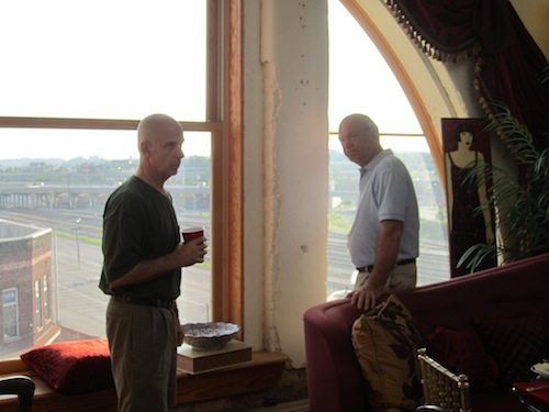 mickeys-view Bill Lyons, left, and Bruce Anderson check out the view from the Emporium's stunning arched windows.