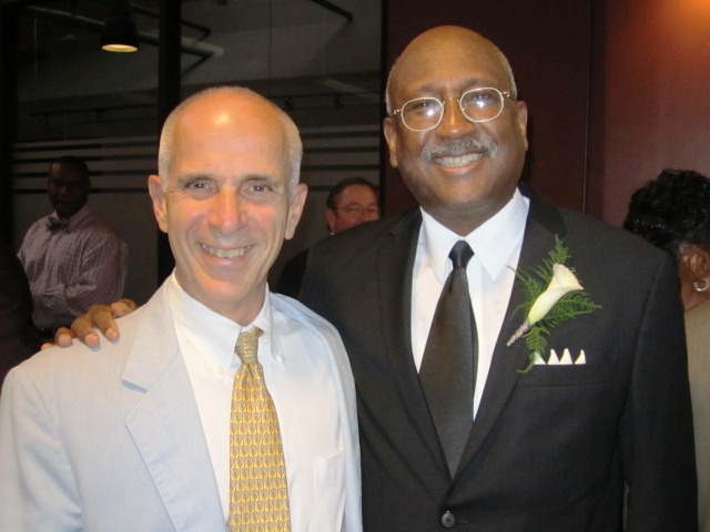 Bill Lyons and Mayor Brown celebrate.