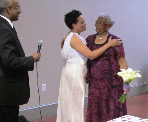 Instead of throwing the bouquet, the bride gave it to a dear friend. (I liked this idea. So much more dignified.)