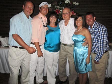 From left: Jimmy, his son Jimbo, Tess, Dad, Tess's daughter Tabatha Mallette and her husband Jason on this past Father's Day weekend. This was just a few weeks after Dad moved into Live Oak Village.