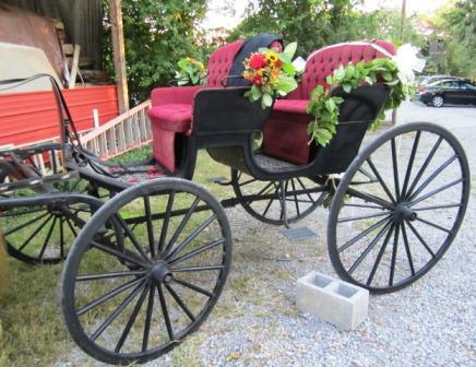 pretty-buggy They took the flowers off the pews to decorate the buggy! Great idea!