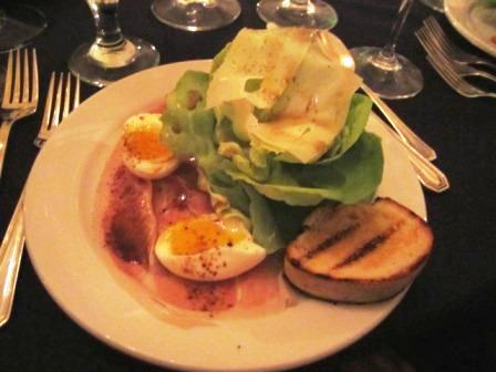 salad-course-2 The salad course was Benton's country ham with Bibb lettuce, grilled bread, a poached farm egg and red-eye vinaigrette. It was complemented by Sparkman Cellars Lumiere Chardonnay. (I actually liked it - and I'm no chardonnay fan!)