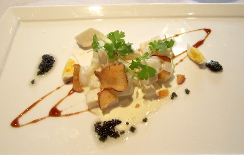 salad First seated course was a root vegetable salad with American caviar, quail egg, sunchoke chips and hickory gastrique. It was fabulous paired with a 2009 Chardonnay from Edge Hill's Bacigalupi Vineyard in Russion River Valley.