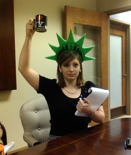 amanda Amanda Shell shows off her winning head gear and I heart NY coffee mug! Congrats!