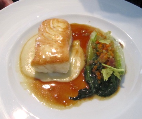 halibut Alan's entree: Line caught Atlantic halibut, baby romaine, guanciale, white bean puree, lemon jus