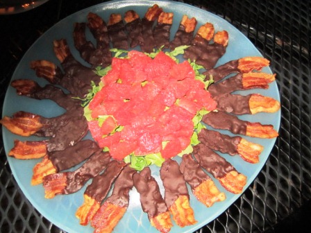 chocolate-bacon But the chocolate bacon was unbelievable! That's mascerated pink grapefruit in the center.