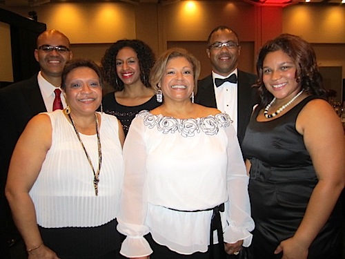 family-shot Phyllis with some of her family members. Back row from left, Patrick and Tiffany Powell and Jim Nichols. Front row, from left, Linda Reid, Phyllis, and Brittany Reid.