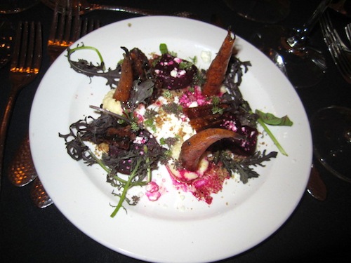 first-course An ash-roasted root vegetable salad, toasted levain, Sweetgrass Dairy goat cheese and lettuce hearts was paired with 2010 Simi Sonoma County sauvignon blanc.