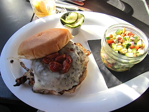 chicken-at-urban-stack I had a chicken mushroom melt sandwich. The interesting side dish was a black-eyed pea and cucumber salad. Refreshing.