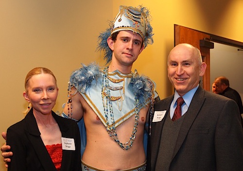 p2036794 Our theme last year was the Mayan calendar predicting the end of the world. "Party like there's no tomorrow!" the invitations stated. Ha! We hired an actor from the Clarence Brown Theatre to dress as a Mayan warrior. Here he is with County Commissoiner Richard Briggs and his wife, Stephanie.