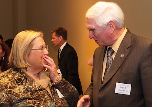 p2036795 U.S. Congressman Jimmy Duncan chatting with News Sentinel columnist Sherri Gardner Howell at last year's Moxley Carmichael client party.