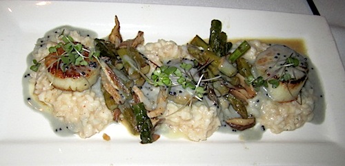 scallops Cheryl's grilled scallops were served over lobster and asparagus risotto. Damn, it was good.