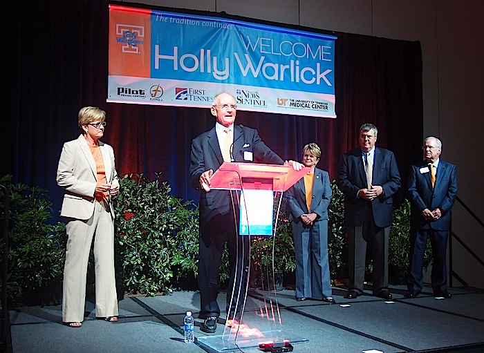 sponsors-2 New UT Women's Basketball Coach Holly Warlick, left, was honored with a reception at the Knoxville Convention Center that we planned for sponsors, from right, Norman Majors of UT Medical Center, Patrick Birmingham of the News Sentinel, Pam Fansler of First Tennessee Bank, and Jim Haslam of Pilot Flying J.