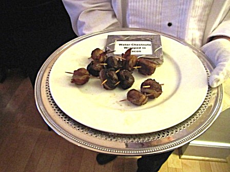 bacon-chestnuts Bacon-wrapped water chestnuts were just one of several passed hors d'oeuvres.