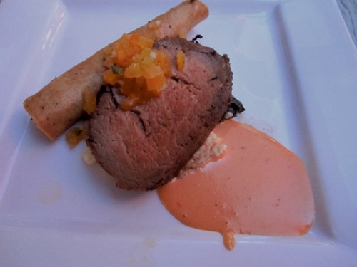 beef I couldn't believe there was a beef course on top of all that! Maple black-peppercorn-soaked buffalo tenderloin on Anson Mills jalapeno grits and crispy butternut squash taquito. Paired with Spottswoode Lyndenhurst Cabernet Sauvignon, Napa Valley, 2010.