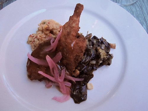 chicken1 Chicken-fried quail, if you can believe it. Served on sweet corn pan stuffing with greens, bacon drizzle and pickled red onions. Paired with Beaux Freres Pinot Noir from Ribbon Ridge, Willamette Valley, 2010.