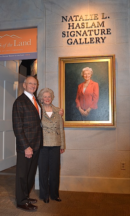 Jim and Natalie Haslam pose with the new portrait of her at the East Tennessee History Center.