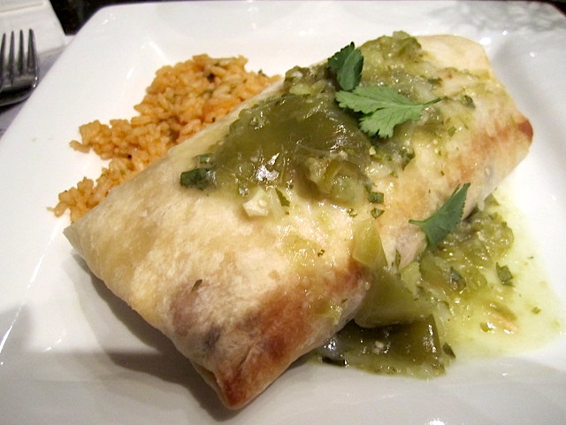 The entree was to die for! Black bean, goat's cheese, sweet potato burrito with tomatillo sauce.