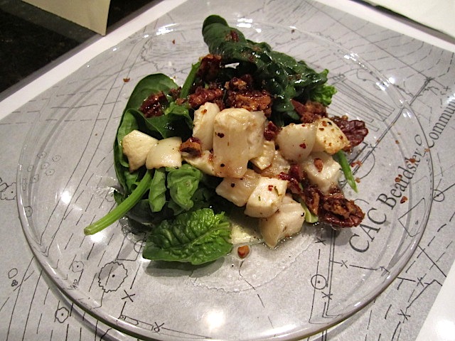 Baby spinach salad with roasted turnips and pecans. Yum.
