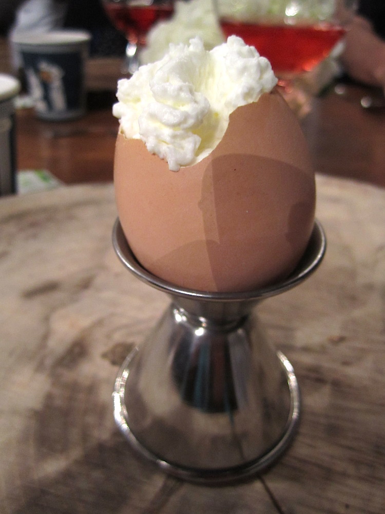 The first dessert course was blis maple panna cotta, buttered popcorn, Benton's bacon crumble and whipped cream served in an egg shell. Spectacular presentation and great flavor combination.