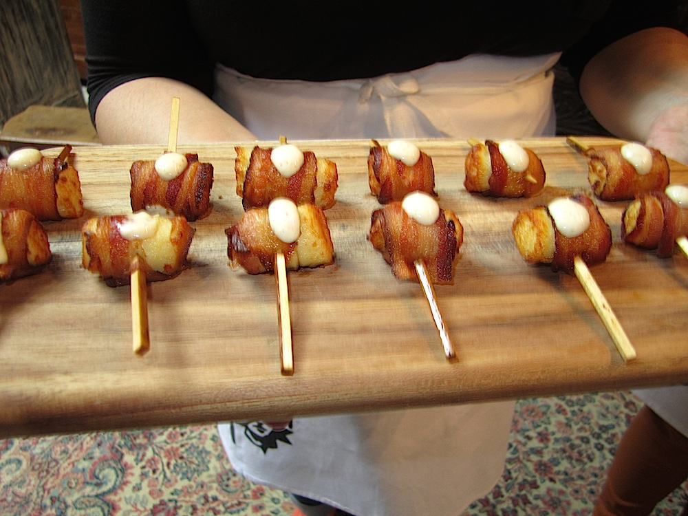 First passed appetizer: Matt's take on tater tots! Potato gnocchi wrapped in Benton's bacon topped with hot pepper aioli.