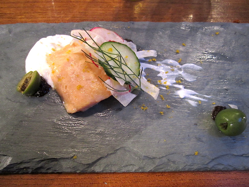 Slow roasted trout, castelvetrano and oil cured olives, preserved lemon creme fraiche, bottarga.