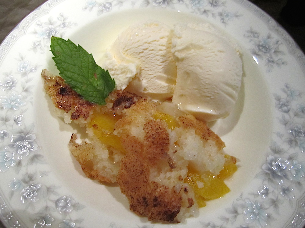I served peach cobbler and Blue Bunny ice cream which I bought at the little convenience store called The Market downtown.
