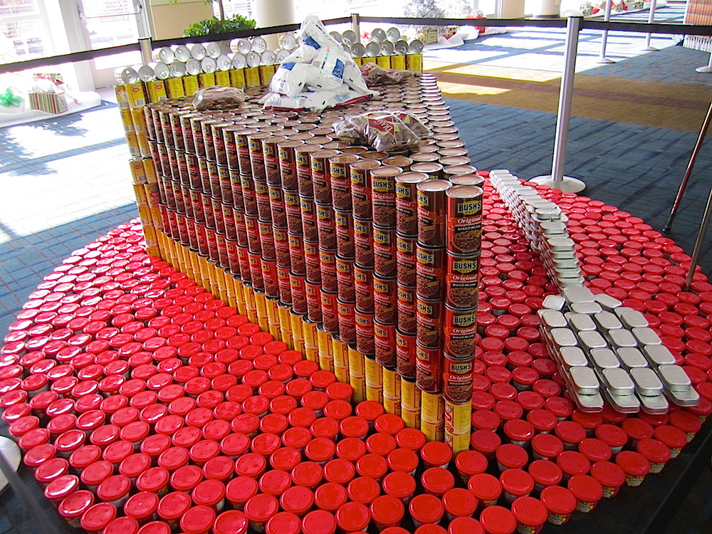 This giant slice of pecan pie -- with a fork made of sardine cans -- was made by a team consisting of Cope Architecture, Management Solutions and the National Association of Women in Construction. The plate is made of 660 containers of Chefboyardee mini ABCs and 123s!