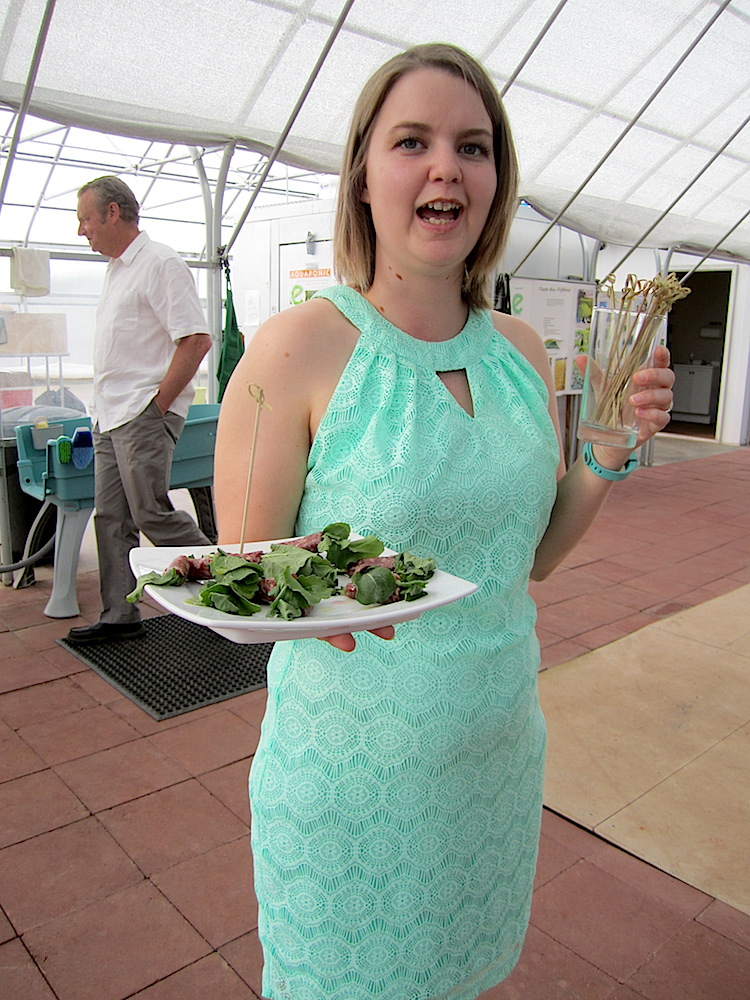 Chef Allen's cute wife, MacKenzie Allen, passed the first hors d'oeuvre: salami-wrapped arugula. The beautiful arugula was grown in the greenhouse.