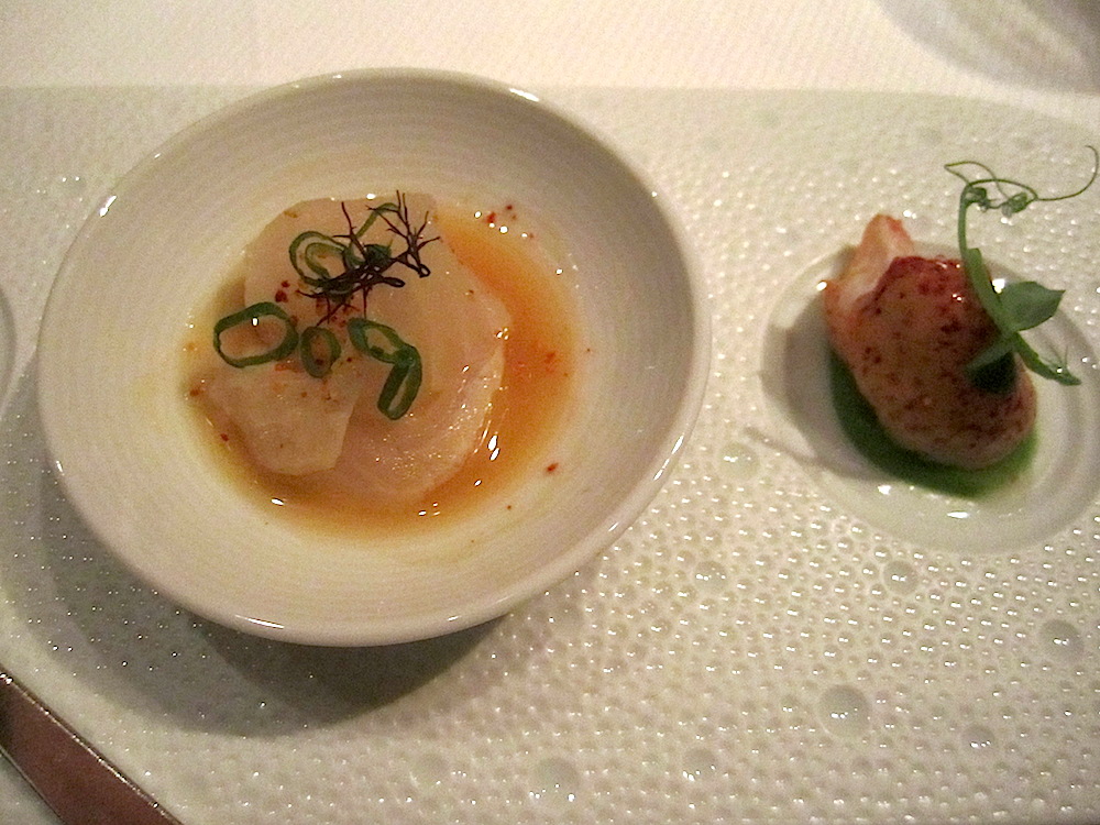 More raw fish that was simply divine: fluke ceviche, left, and lemon-kissed lobster with sweet pea puree. Yum.