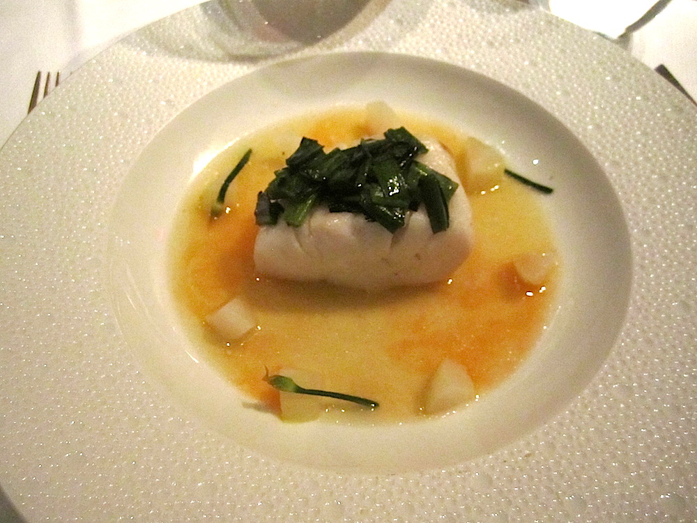 My baked cod with braised daikon, charred scallion jam and lemon confit-kimchi broth. Unbelievable.