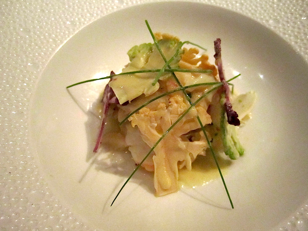 My appetizer: warm Peekytoe Maryland lump crab with shaved heirloom cauliflower in turmeric-mustard emulsion.