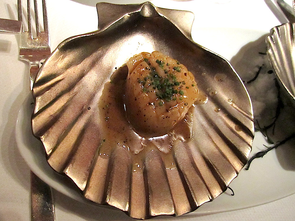 One appetizer: barely cooked scallop in brown butter dashi.