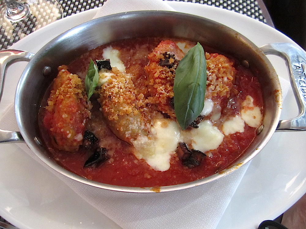 Alan ordered something called bocconcini: tomato-braised chicken-eggplant meatballs with mozzarella di bufala and basil. I tried it. It was unusual and delicious, light but with rich, satisfying flavors.