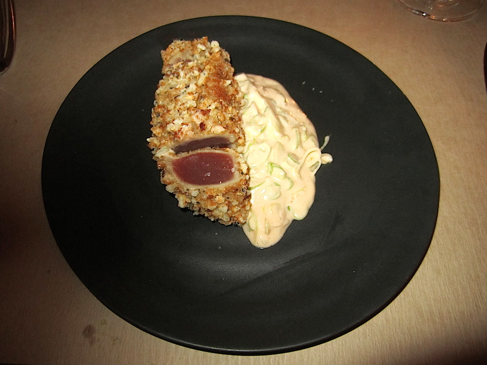 This rice cracker-crusted tuna with sriracha-citrus emulsion was supposed to be an appetizer, but I made it my main course. it was out of this world.