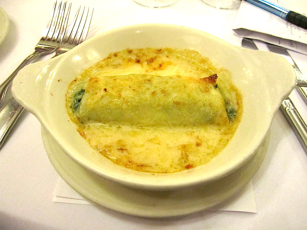 First course was spinach cannelloni au gratin, which is a spinach and ricotta cheese filling rolled in a French crepe with supreme sauce. Super rich, but super good, too.