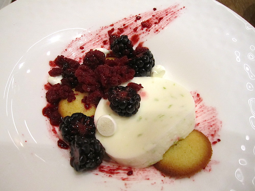 The dessert was fabulous. I didn't really mean to eat it, but. . . Blackberries with lime Mascarpone and little meringue bits.