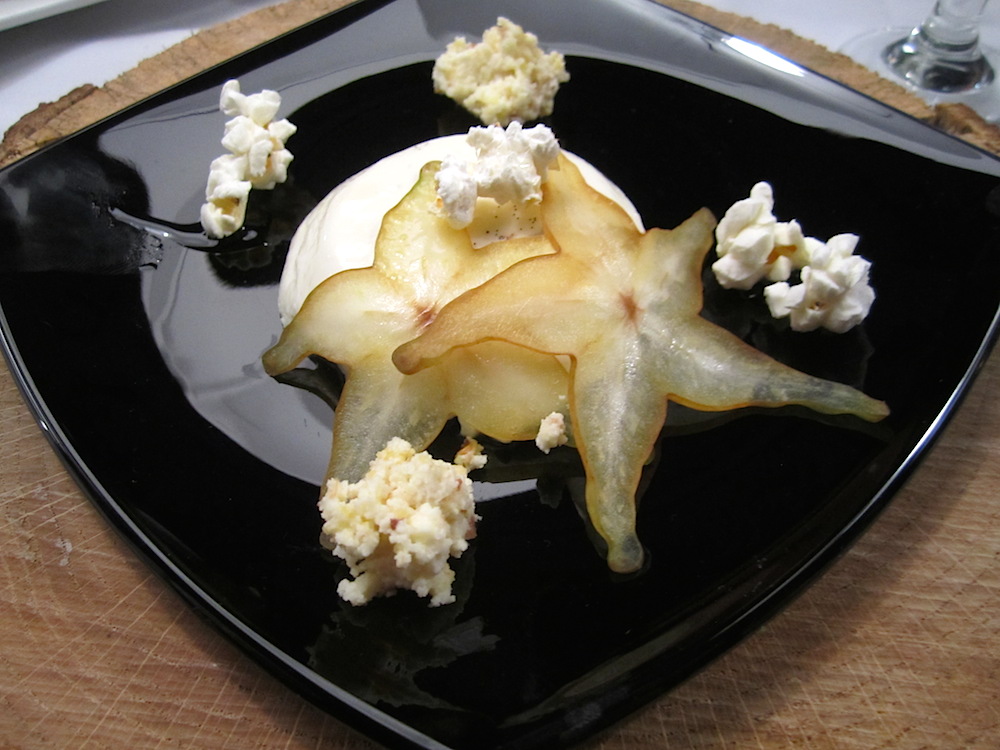 This stunning dessert is popcorn panna cotta prepared by Chef Robert Allen for the latest Trust Fall dinner.