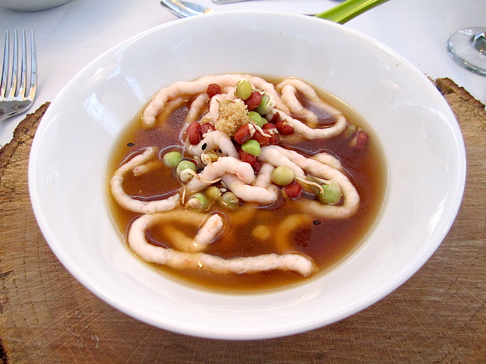 When we returned, we were served pho -- a Vietnamese noodle soup. But in this case, the noodles were made of shrimp paste! It was paired with a 2006 Maison Michael Shaps Nuits St. Georges.