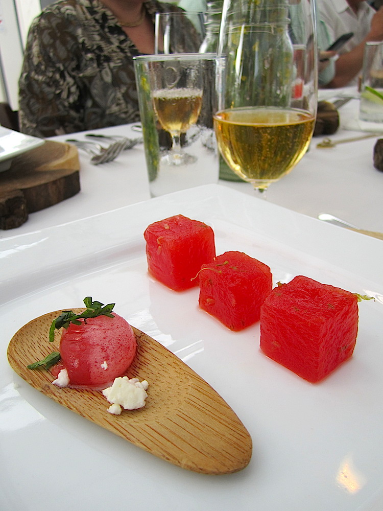 First course was watermelon two ways. In the spoon is a watermelon sphere served with feta and mint.
