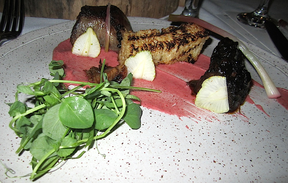 Beef cheek, tongue and marrow with strawberry ramps and grilled sourdough was served with a 2007 Dehesa La Granja from Bodegas Fernandez Rivera.
