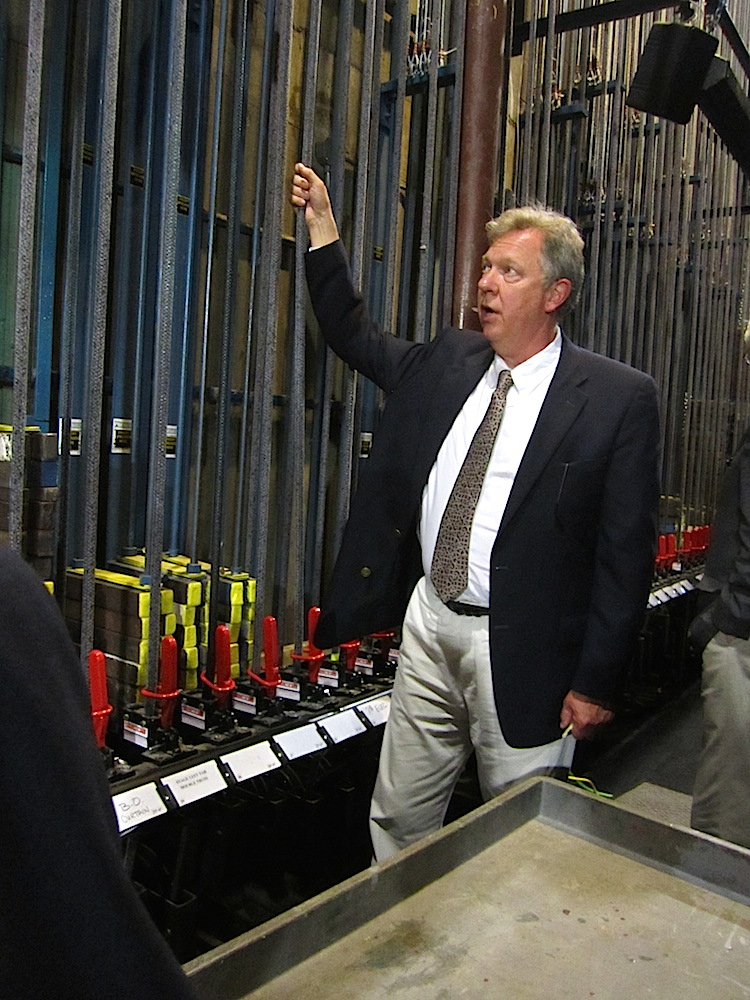 Cal demonstrated the fly system for placing scenery.