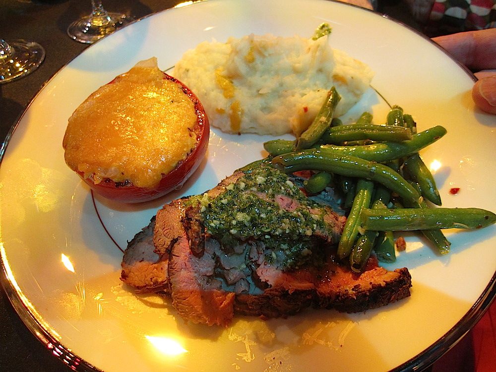 The entree was steak with chimichurri sauce, smoked gouda mashed potatoes, tomato stuffed with Vidalia onion and cheese and green beans.