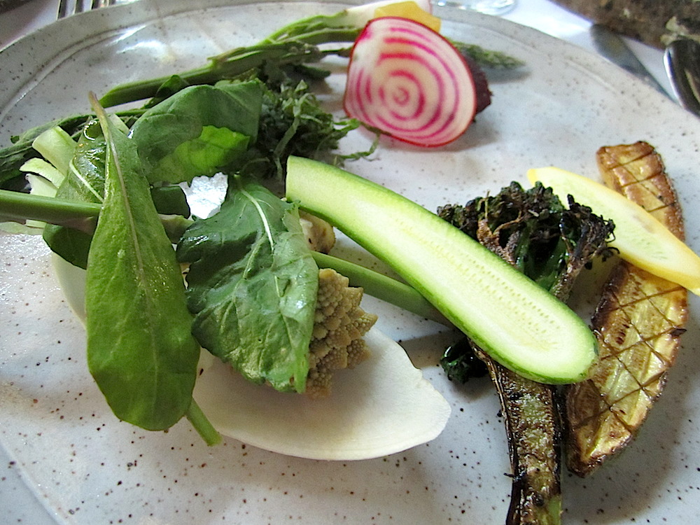 Next course was a "safe" one, which I welcomed after the mild shock of the sea urchin. Spring vegetables and preserved winter vegetables.