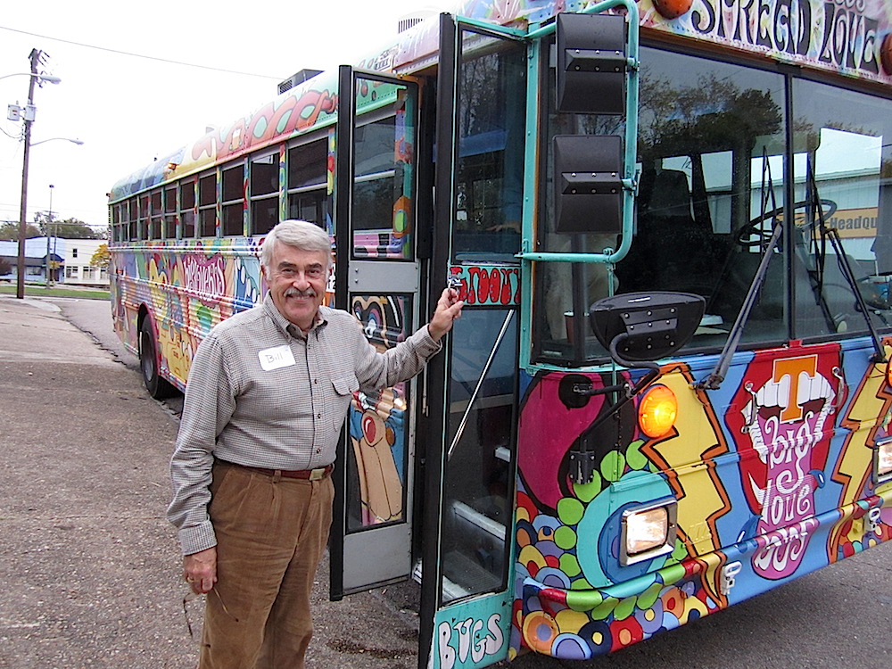 Welcome aboard! Bill Tapp helped Duane escort the guests onto the Big Love Bus.